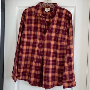 St John’s Bay 100% Cotton Plaid Flannel Style Top. Never Worn. Maroon Orange L